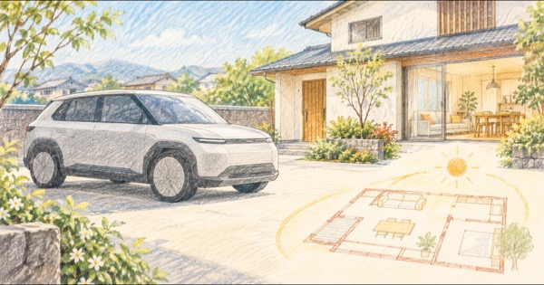 色鉛筆で描いた、朝の戸建て住宅の前に停車した無印の電気自動車