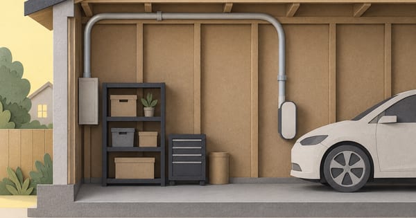 紙のガレージ壁を通る一本の配管と抽象的な車の形の模型