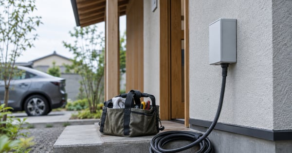 住宅の外壁にある無記名の充電用ボックスと、足元の工具かばん