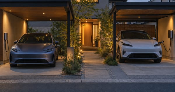 二つのカーポートで壁際の充電器につながれた無記名の車