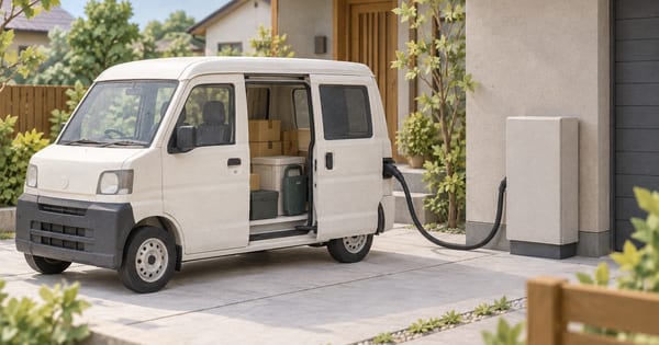 側面スライドドアを開けた無記名の箱型商用バンと壁際のV2H制御箱