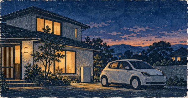 版画と水彩で描いた、夕暮れの戸建て住宅と無印の小型電気自動車