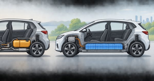 燃料タンクと小さな電池を持つ車の断面と、大きな電池だけを持つ車の断面を左右に並べた無文字の図解