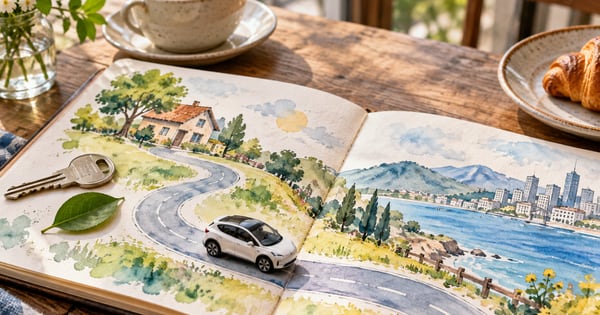 水彩の道が描かれたノートの上を走る小さな車の模型