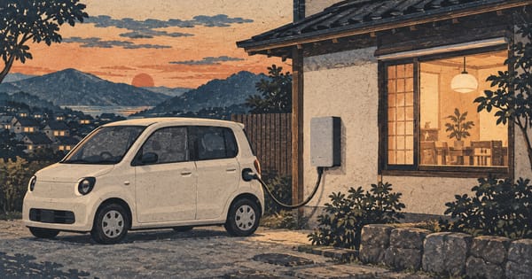 夕暮れの住宅外壁の充放電ユニットにつながる小型電気自動車の版画
