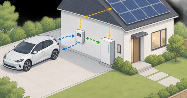 太陽光の屋根、家庭用蓄電池、駐車中の車、外壁のV2H機器を安全な経路で結ぶ無文字の手描き概念図