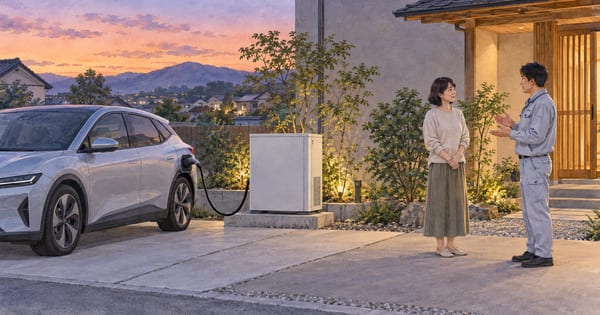 夕暮れの家の外で、無地のEVと独立したV2H機器を見守る二人