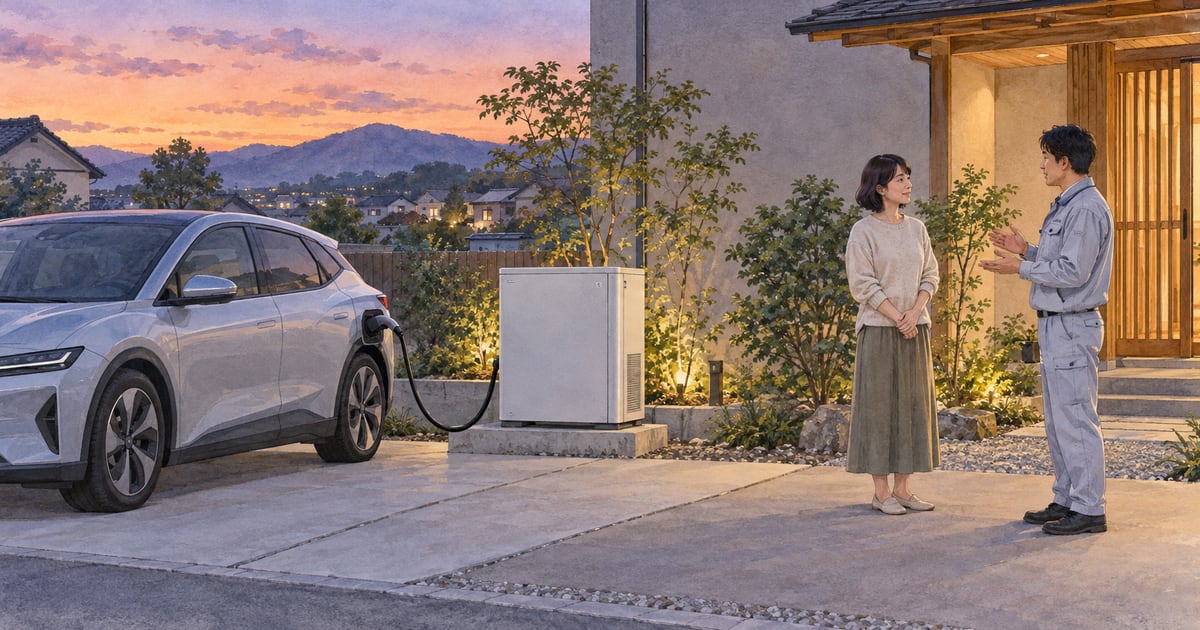 夕暮れの家の外で、無地のEVと独立したV2H機器を見守る二人