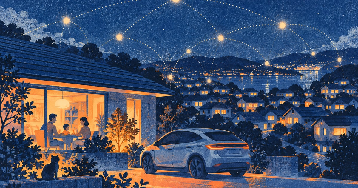 住宅と小型EV、近隣を点で結ぶ夜のリソグラフ