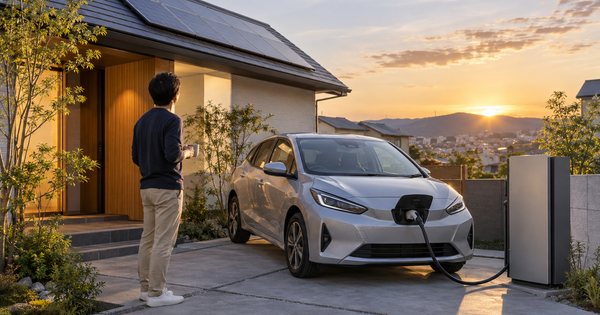 夕暮れの住宅で、無地の充放電設備につないだ電気自動車