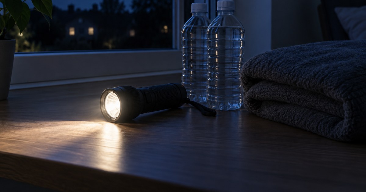 停電した夜に窓際で懐中電灯と保存水を整然と置いた、落ち着いた暗青色の静物
