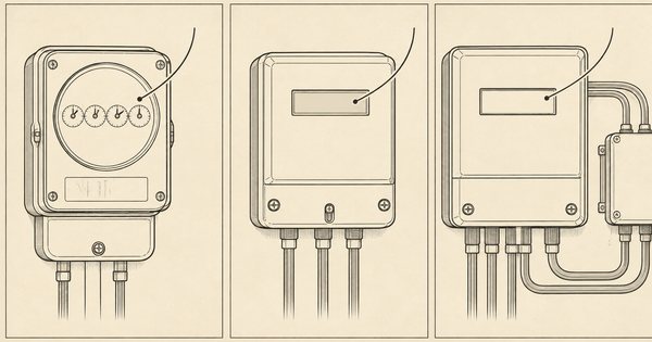 機械式・電子式・変成器付の三種類の電力量計を、読み取り窓へ向かう無文字の視線誘導線で並べた線画