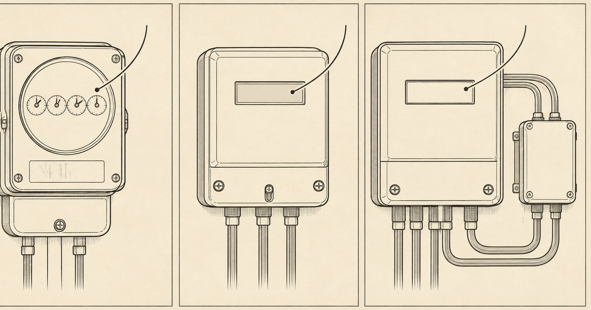 機械式・電子式・変成器付の三種類の電力量計を、読み取り窓へ向かう無文字の視線誘導線で並べた線画