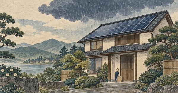 雨雲の下の太陽光屋根と傘を描いた手彩色木版画