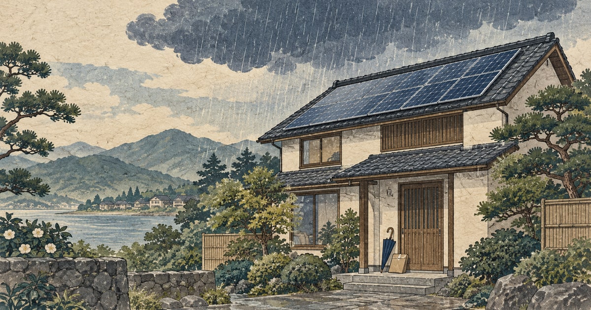 雨雲の下の太陽光屋根と傘を描いた手彩色木版画