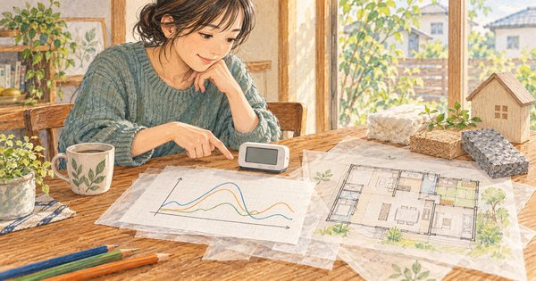 スマートメーターのデータ曲線と住宅の間取り図を見ながら家庭の電力使用を点検する様子