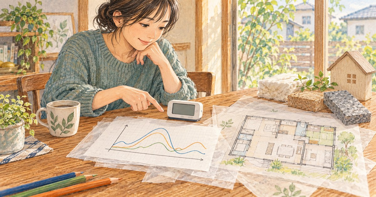 スマートメーターのデータ曲線と住宅の間取り図を見ながら家庭の電力使用を点検する様子