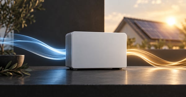 暗い卓上に置かれた白い電力変換機器と二色の光