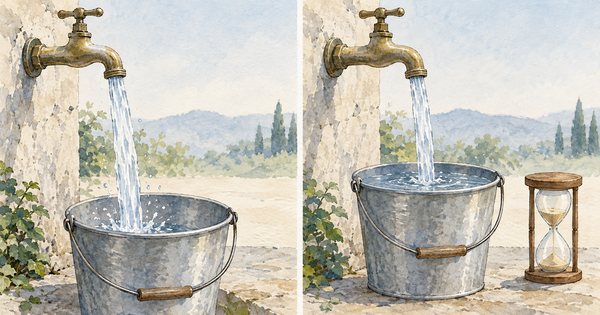 同じ勢いの蛇口から流れる水と、時間がたってバケツにたまった水量を比べる図