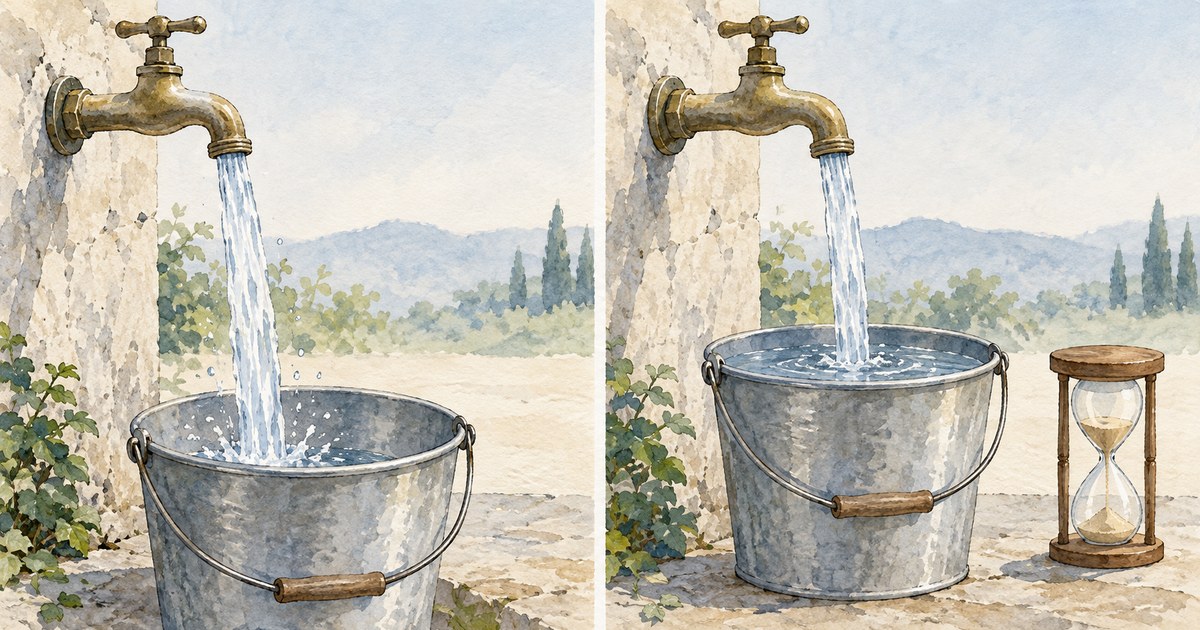 同じ勢いの蛇口から流れる水と、時間がたってバケツにたまった水量を比べる図