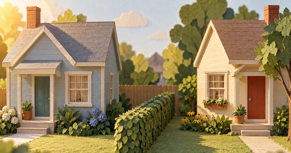 二つの小さな家模型の間に低い生け垣があり、夕方の光が差す紙のジオラマ