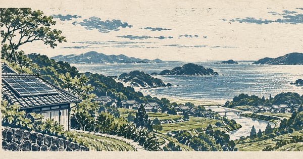 海辺の丘に太陽光パネル付きの家が並ぶ版画風の風景