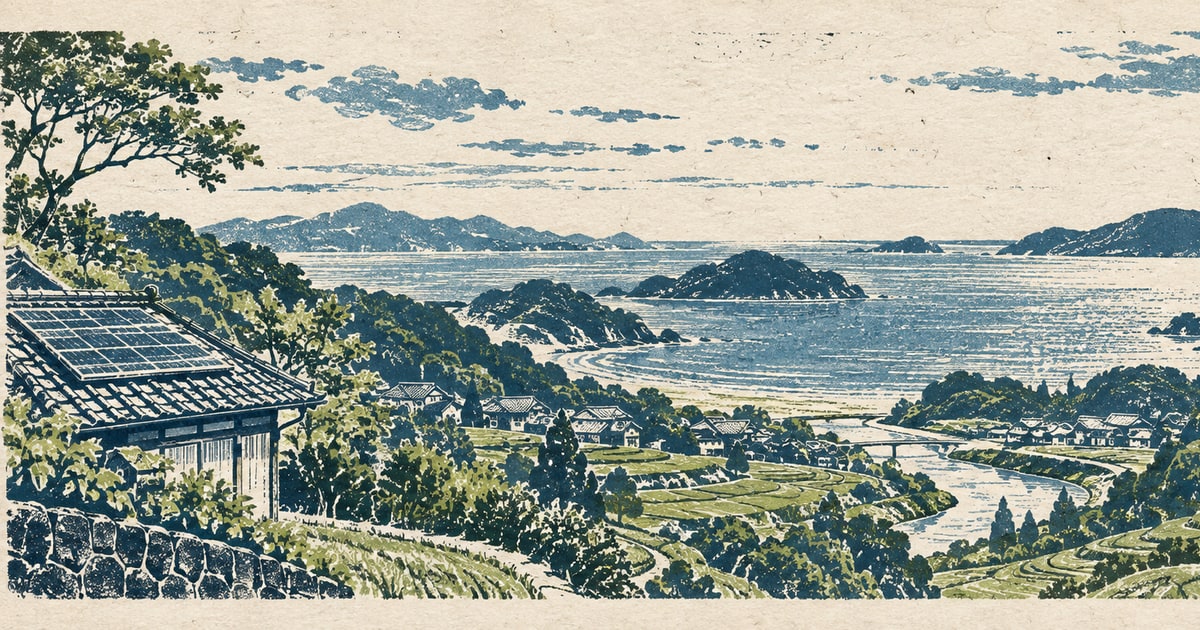 海辺の丘に太陽光パネル付きの家が並ぶ版画風の風景
