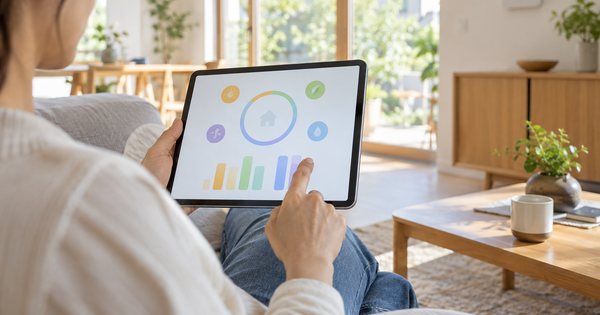 抽象的な色の表示があるタブレットを持つ手と、明るい室内の壁面機器