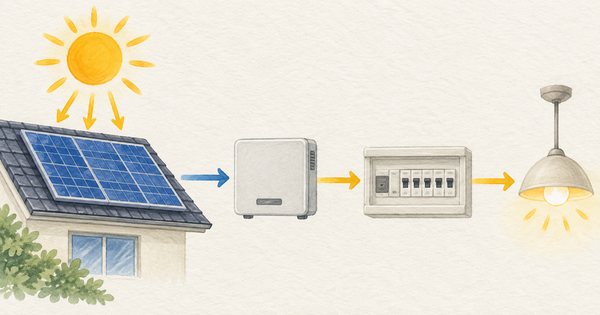 太陽光パネルからパワーコンディショナ、分電盤、室内照明へ向かう電力の流れ