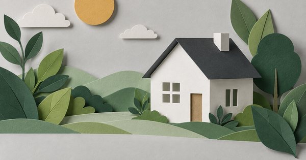 窓と屋根を持つ小さな白い紙の家に、緑の紙の葉と黄色い太陽が寄り添う切り絵