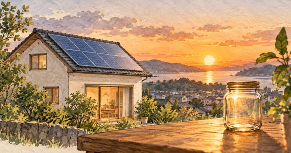 夕日のそばにある太陽光パネル付きの紙の家と無地の小さなガラス瓶