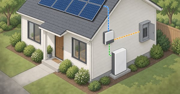 太陽光屋根、パワーコンディショナ、蓄電池、分電盤が家の周りで連携する無文字の手描き概念図