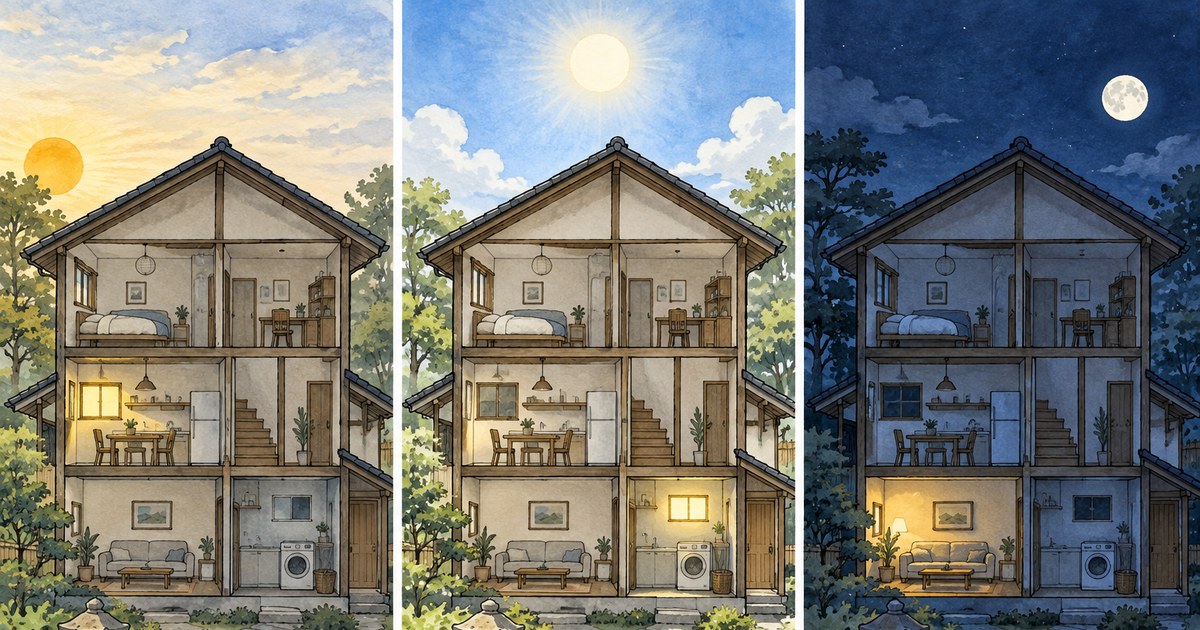 同じ家の窓明かりが朝・昼・夜で移る三連の無文字手描き断面図