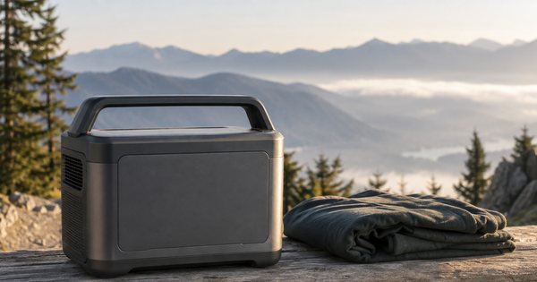 山の朝の木製ベンチに、無記名のポータブル電源と折りたたんだ布を置く静かな写真
