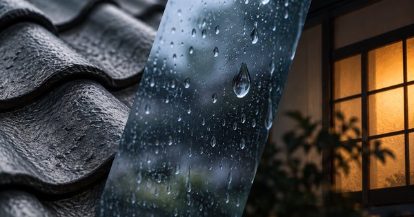 屋根材の質感と窓ガラスの雨粒を重ねたコラージュ