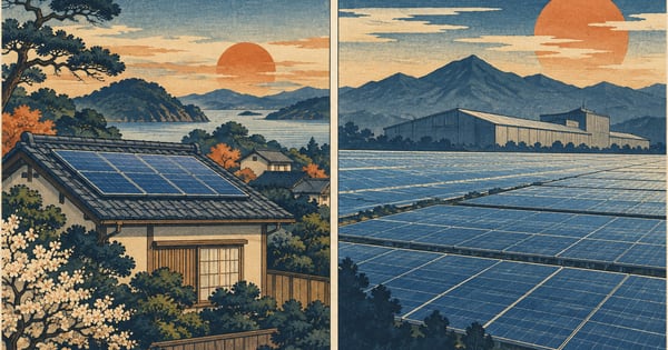 住宅屋根と広い太陽光設備を対比した木版画
