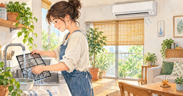 外したエアコンフィルターを洗い、日よけのある窓辺で冷房を使う家庭