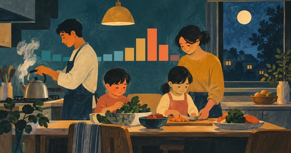 夜の台所で家族が過ごすオール電化住宅のガッシュ画