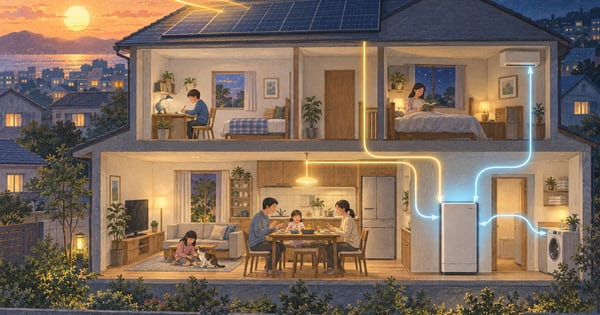 夕暮れの住宅を断面で描いた、太陽光と蓄電池を使う家族のイラスト