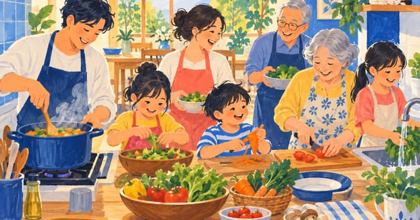 夕食の準備をする多世代家族を描いたガッシュ画