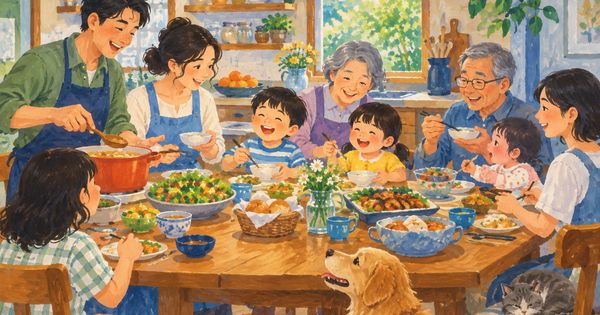 食卓を囲む大家族を描いたガッシュ画