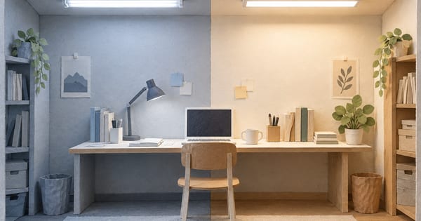 同じ机を旧式の直管照明とLED風の照明で照らす二分割の紙模型