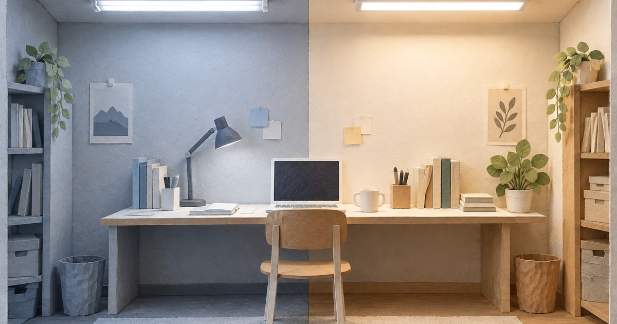 同じ机を旧式の直管照明とLED風の照明で照らす二分割の紙模型
