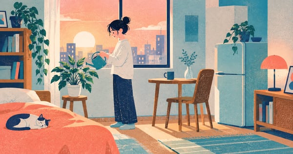朝のコンパクトな部屋で植物に水をやる一人暮らしの人を描いたリソグラフ