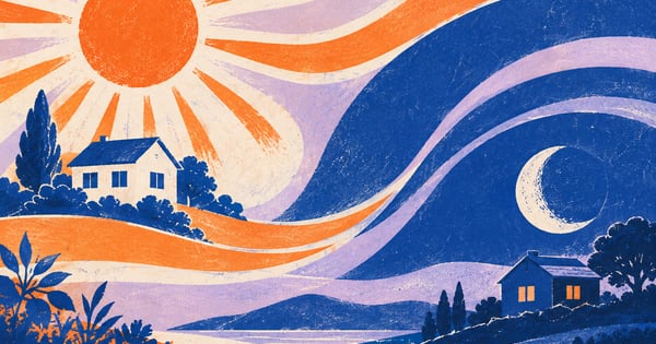 太陽と月、二つの住宅を描いた時間帯のリズムを表すスクリーンプリント