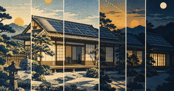 家の屋根を越える一日の太陽の道筋を描いた木版画