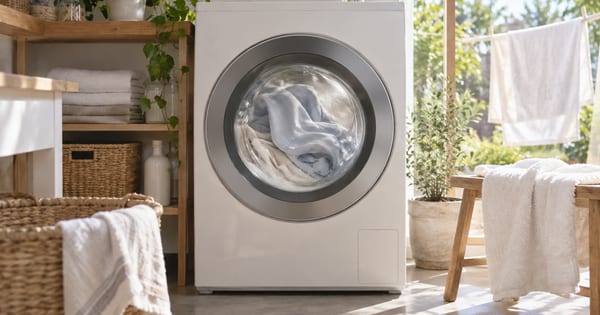洗濯機の丸い扉越しに見える衣類と窓辺のタオル