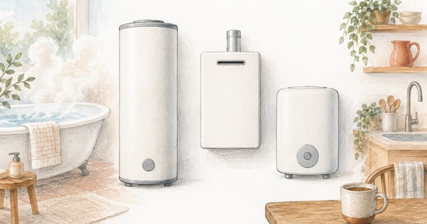 三つの給湯機を描いた水彩の断面スケッチ