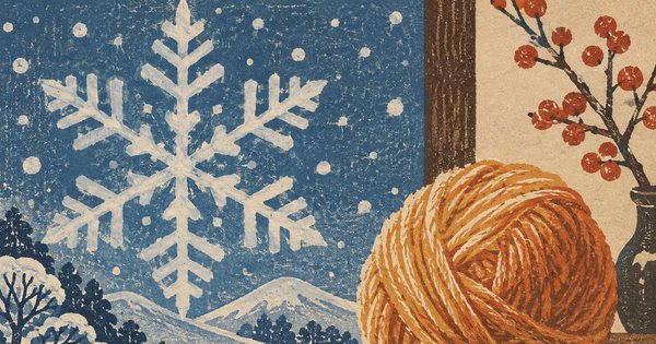 雪の結晶を思わせる青い版画模様と、暖色の毛糸玉を合わせた冬の抽象静物