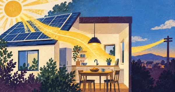 太陽光の電気が家庭と遠景へ伸びるスクリーンプリント